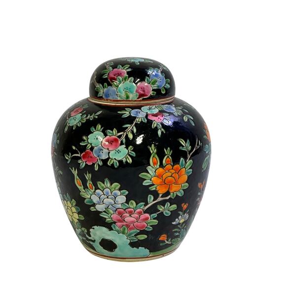Japan MidCentury Vintage Porcelain Famille Noire Style Floral Peacock Ginger Jar - Picture 3 of 9